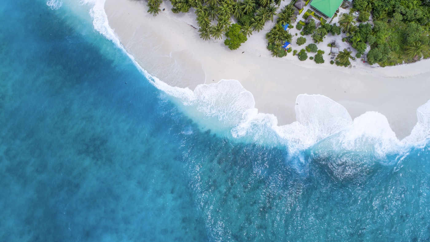 Aerial view of the Riviera Maya coastline, turquoise water